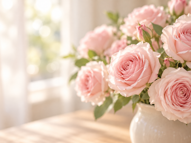 室内の花瓶に飾られた淡いピンクの薔薇